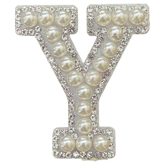 Letter Y White Faux Pearl Iron On Patch - Picture 2 of 2